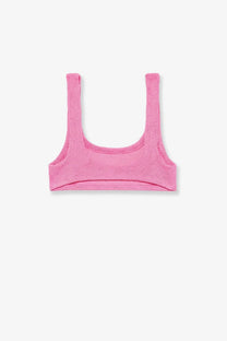 A vibrant pink textured knit crop top with wide shoulder straps and a square neckline for women