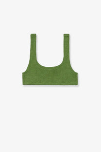 Olive green textured knit crop top with wide shoulder straps paired with mc2 saint barth women’s naima stretch nylon bikini top blue