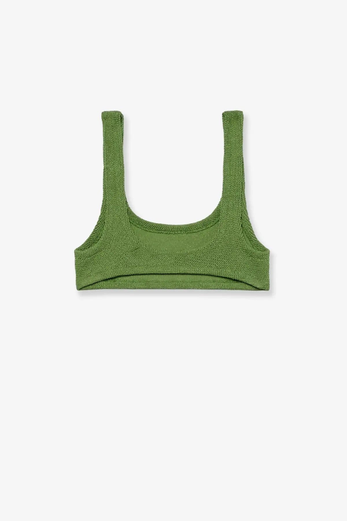 Olive green textured knit crop top with wide shoulder straps from mc2 saint barth women’s naima stretch nylon bikini top blue
