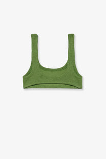 Olive green textured knit crop top with wide shoulder straps from mc2 saint barth women’s naima stretch nylon bikini top blue