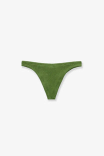 Olive green knitted thong bikini bottom made of stretch nylon from mc2 saint barth womens collection shown from back