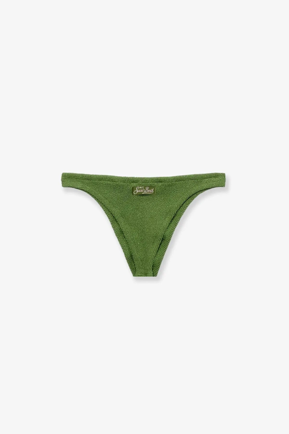 Olive green textured nylon thong with gold tone brand tag at waistband center from mc2 saint barth women’s bikini bottom