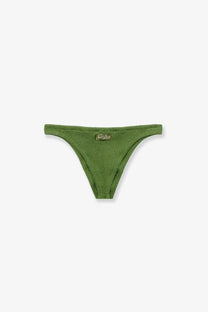 Olive green textured nylon thong with gold tone brand tag at waistband center from mc2 saint barth women’s bikini bottom