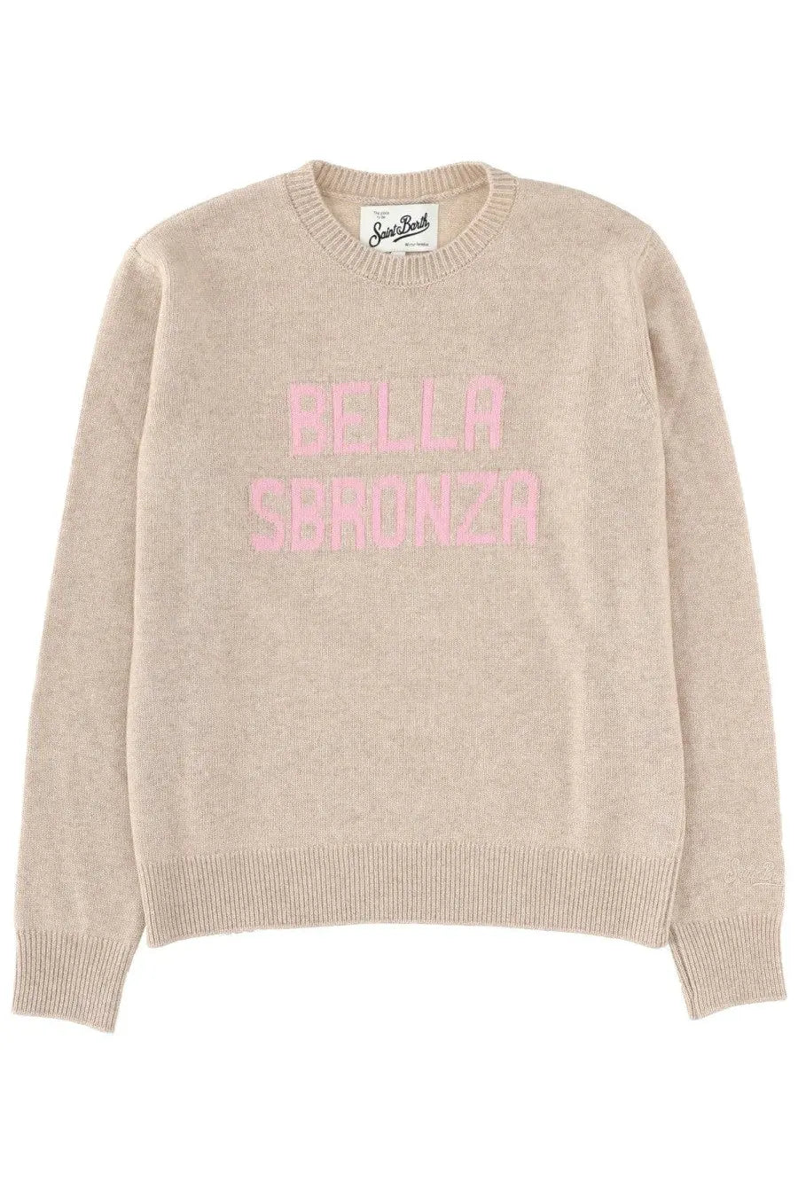 Beige knit sweater with pink bella sbronza lettering on the chest from mc2 saint barth women’s new queen jersey collection