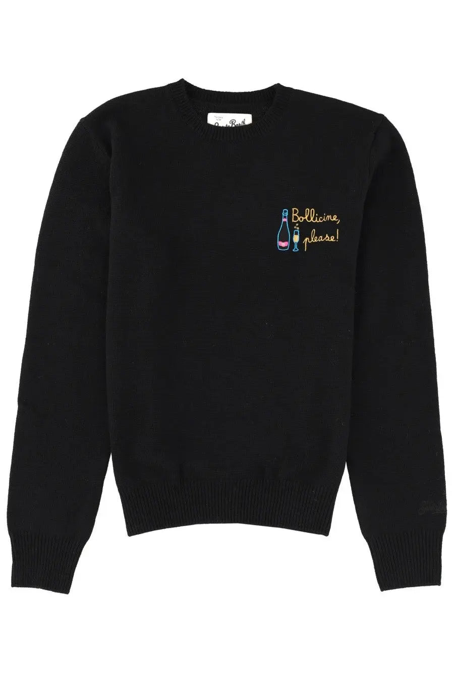 Black knit sweater by mc2 saint barth featuring embroidered bollicine please design with champagne bottle and glass