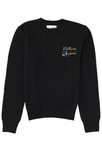 Black knit sweater by mc2 saint barth featuring embroidered bollicine please design with champagne bottle and glass