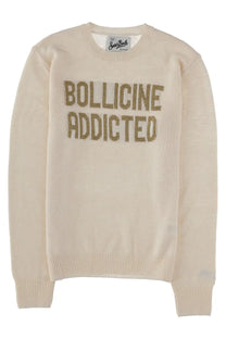 Cream-colored knit sweater with bollicine addicted glittery gold lettering from Mc2 Saint Barth new queen jersey collection