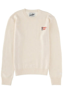 Cream-colored knit sweater with embroidered wine glass and text on left chest from Mc2 Saint Barth New Queen Jersey