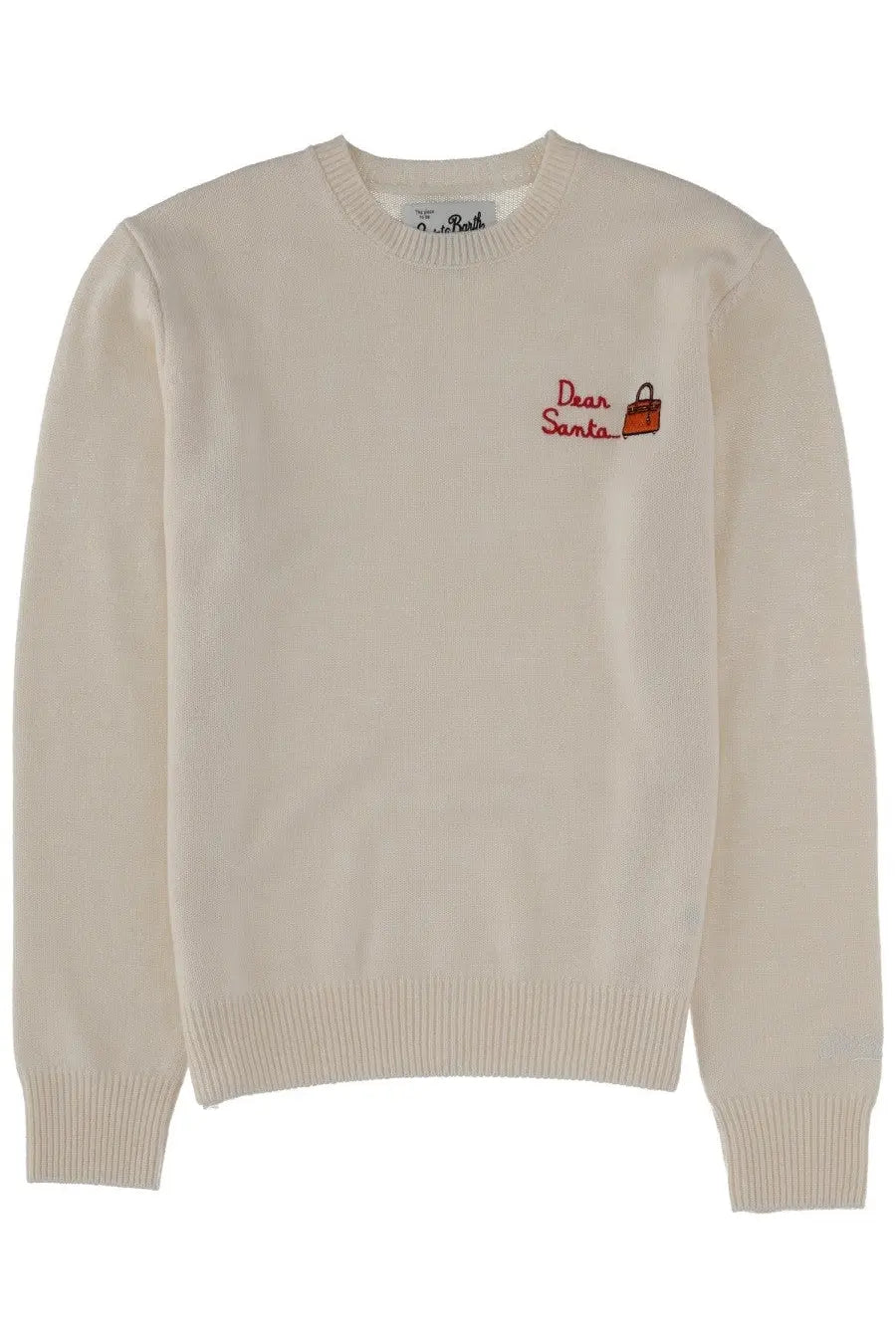 Cream-colored knit sweater with dear santa embroidery and small orange handbag motif from mc2 saint barth women