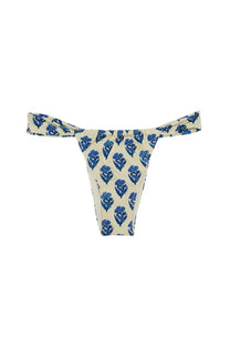 Beige Mc2 Saint Barth women’s noelle bikini bottom with blue floral pattern and tied side ties front view