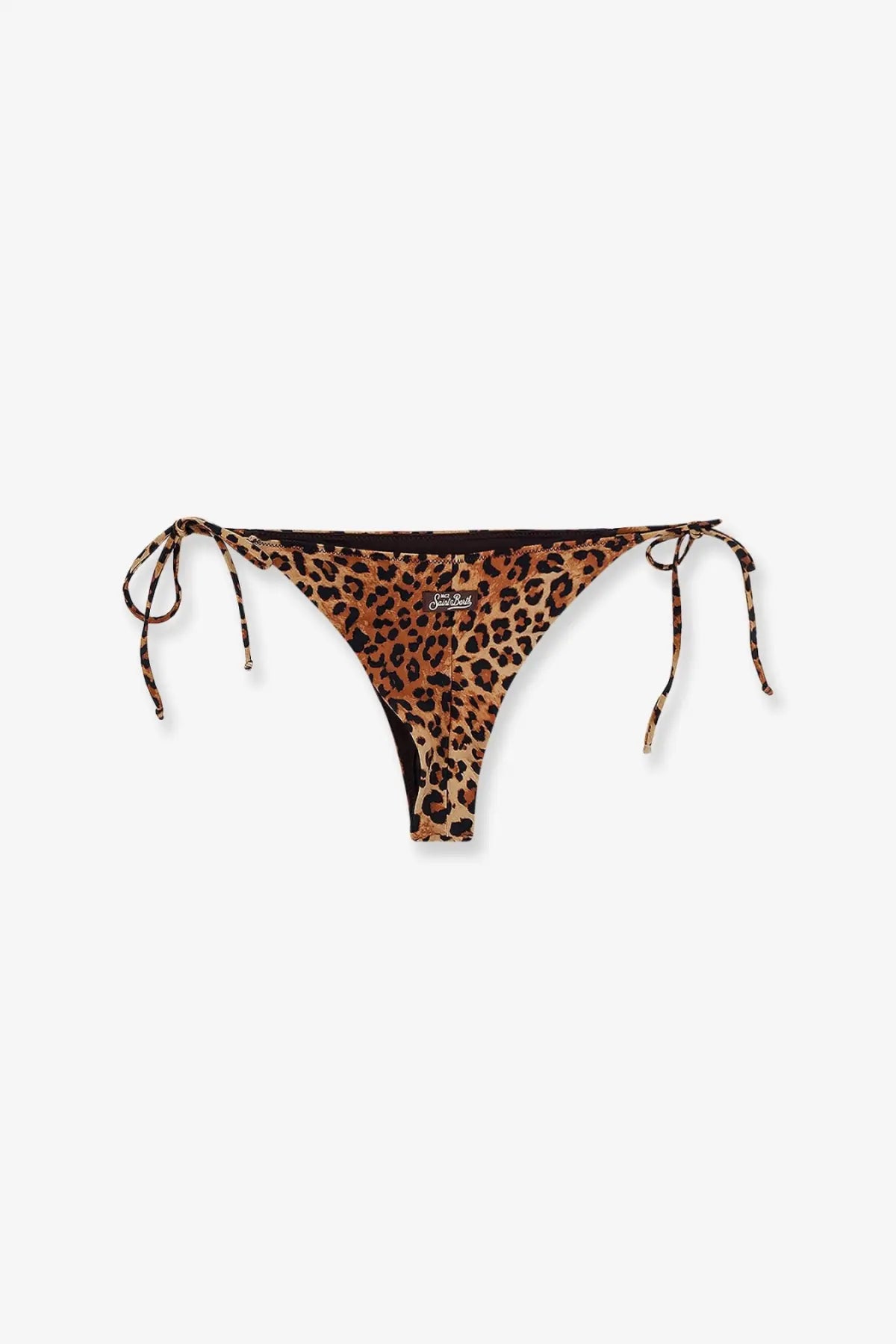 Mc2 Saint Barth women’s beige nylon leopard-print bikini bottoms with adjustable side ties and black inner lining