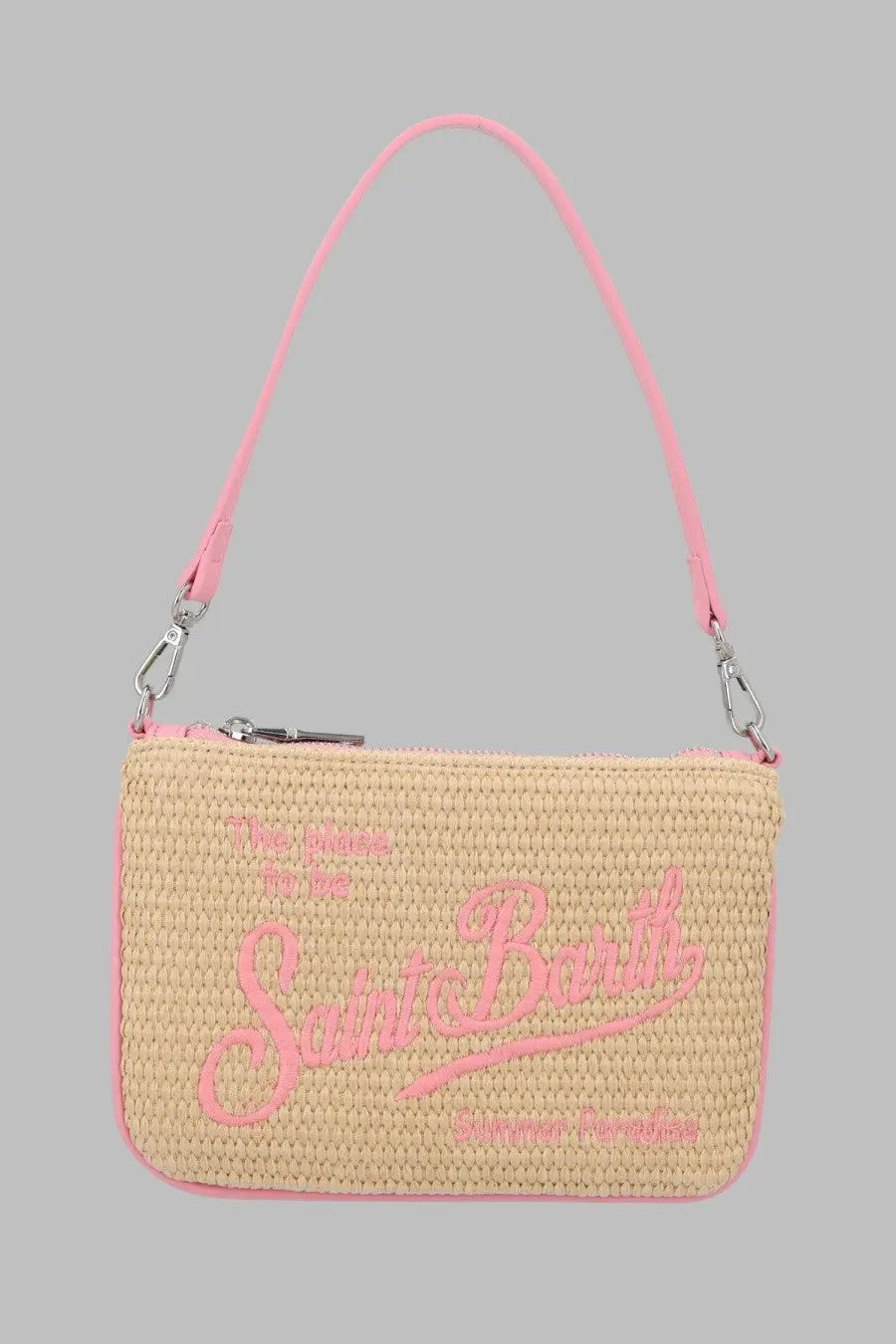 Mc2 saint barth women’s pochette parisienne mini beige woven straw shoulder bag with pink strap and vibrant pink logo