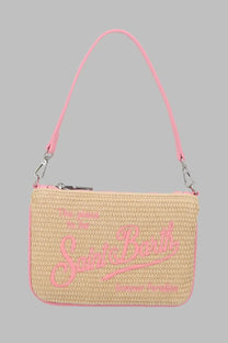 Mc2 saint barth women’s pochette parisienne mini beige woven straw shoulder bag with pink strap and vibrant pink logo