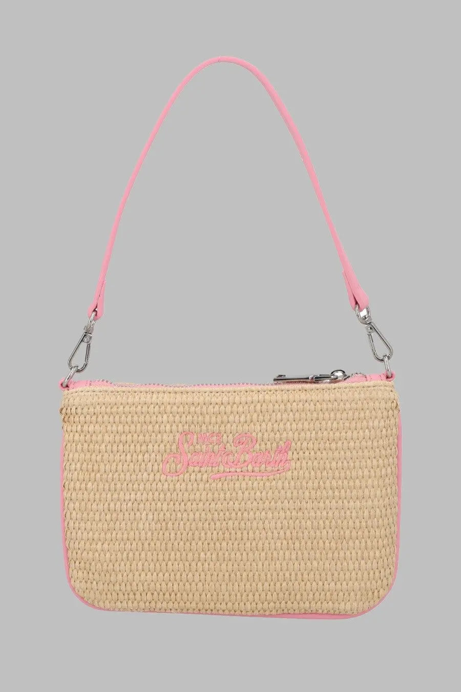Mc2 Saint Barth women’s pochette Parisienne mini woven straw handbag in beige with pink strap and accents