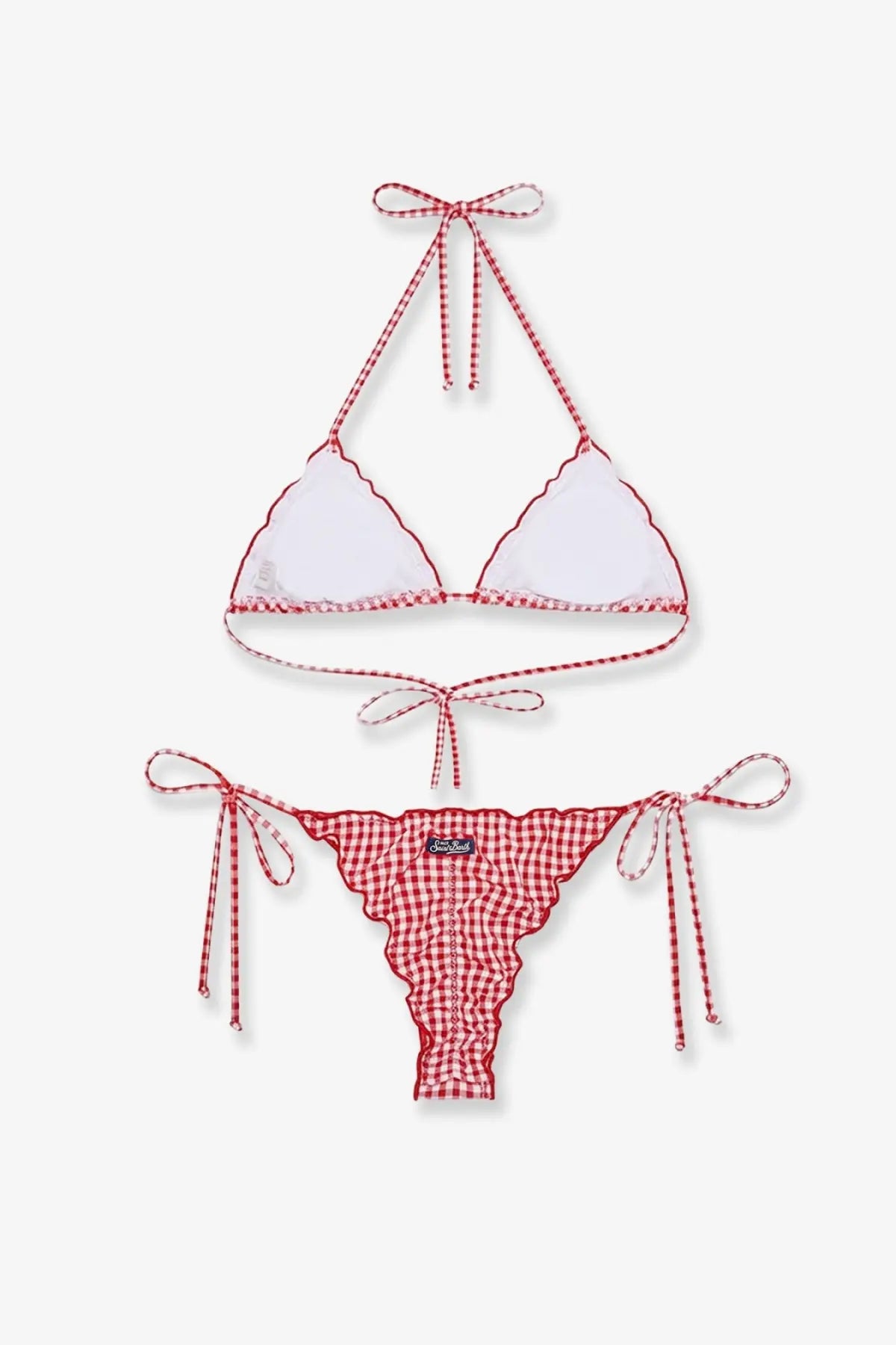 Mc2 Saint Barth women’s Sagitami nylon bikini microvichy in red and white gingham with scalloped edges and tied side ties