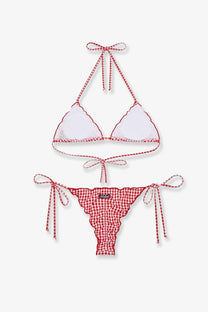 Mc2 Saint Barth women’s Sagitami nylon bikini microvichy in red and white gingham with scalloped edges and tied side ties