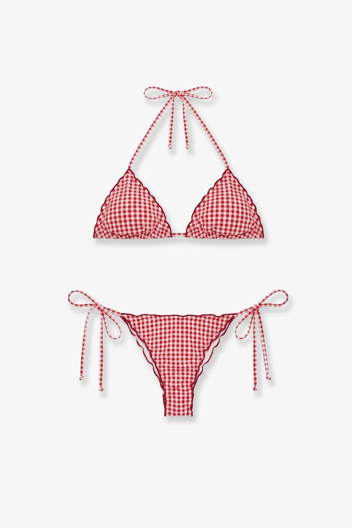 Mc2 Saint Barth women’s sagitami nylon bikini microvichy in red and white gingham with scalloped edges and tied side ties