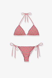Mc2 Saint Barth women’s sagitami nylon bikini microvichy in red and white gingham with scalloped edges and tied side ties