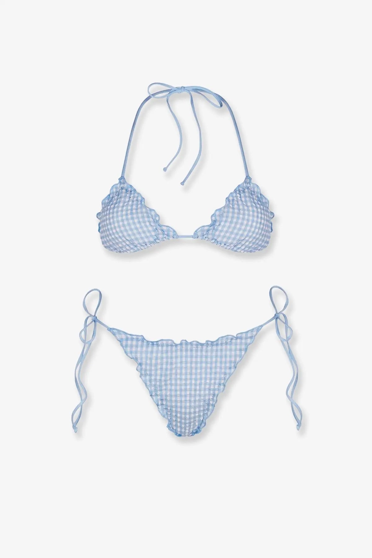 Mc2 Saint Barth women’s sagitami nylon bikini set in light blue and white gingham with ruffled edges and adjustable ties