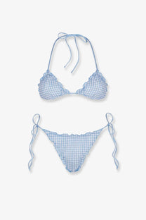 Mc2 Saint Barth women’s sagitami nylon bikini set in light blue and white gingham with ruffled edges and adjustable ties