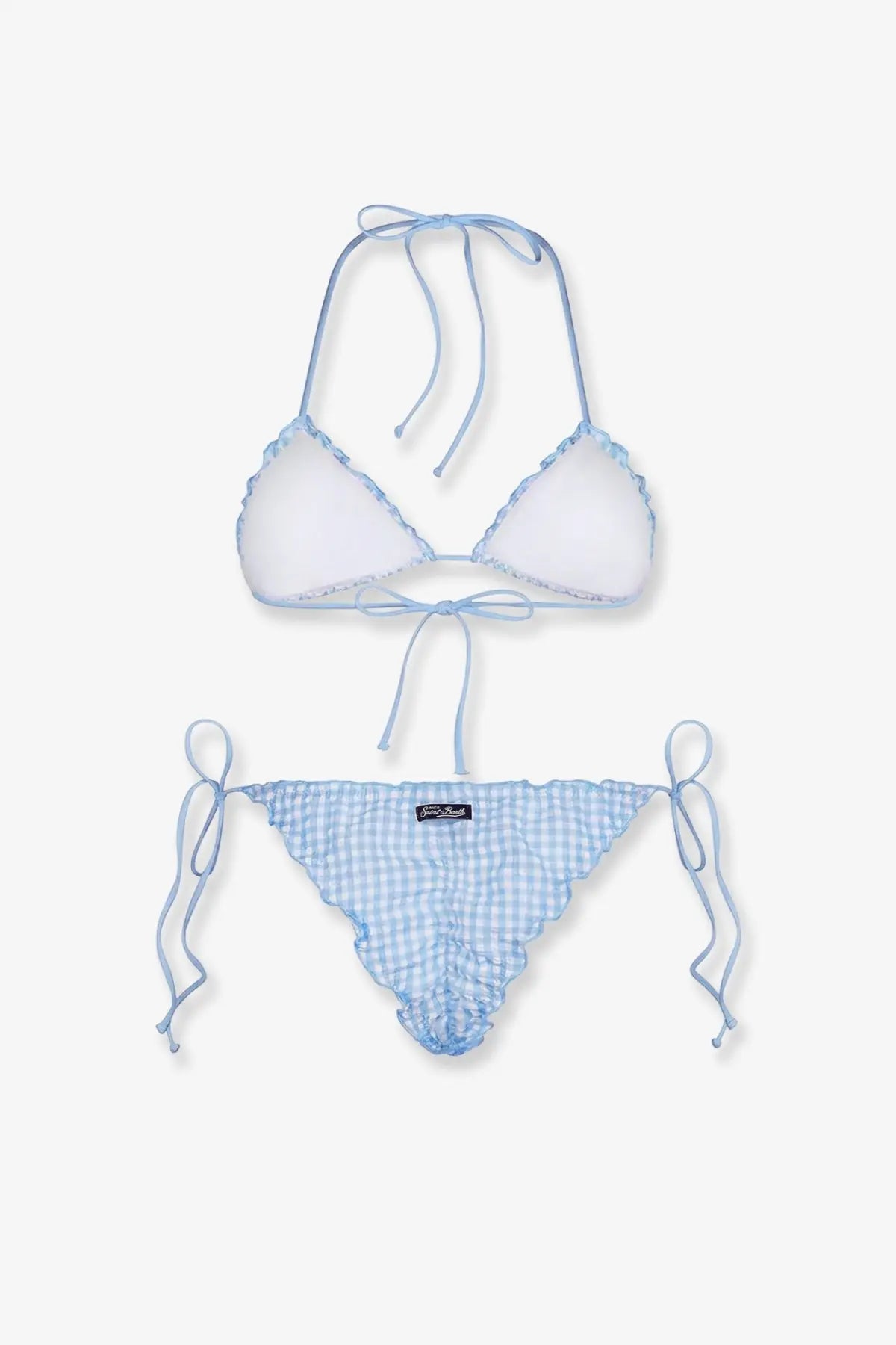 Light blue gingham nylon bikini set with ruffled edges and adjustable ties by Mc2 Saint Barth women’s Sagitami Seersuckervichy