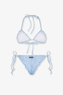 Light blue gingham nylon bikini set with ruffled edges and adjustable ties by Mc2 Saint Barth women’s Sagitami Seersuckervichy