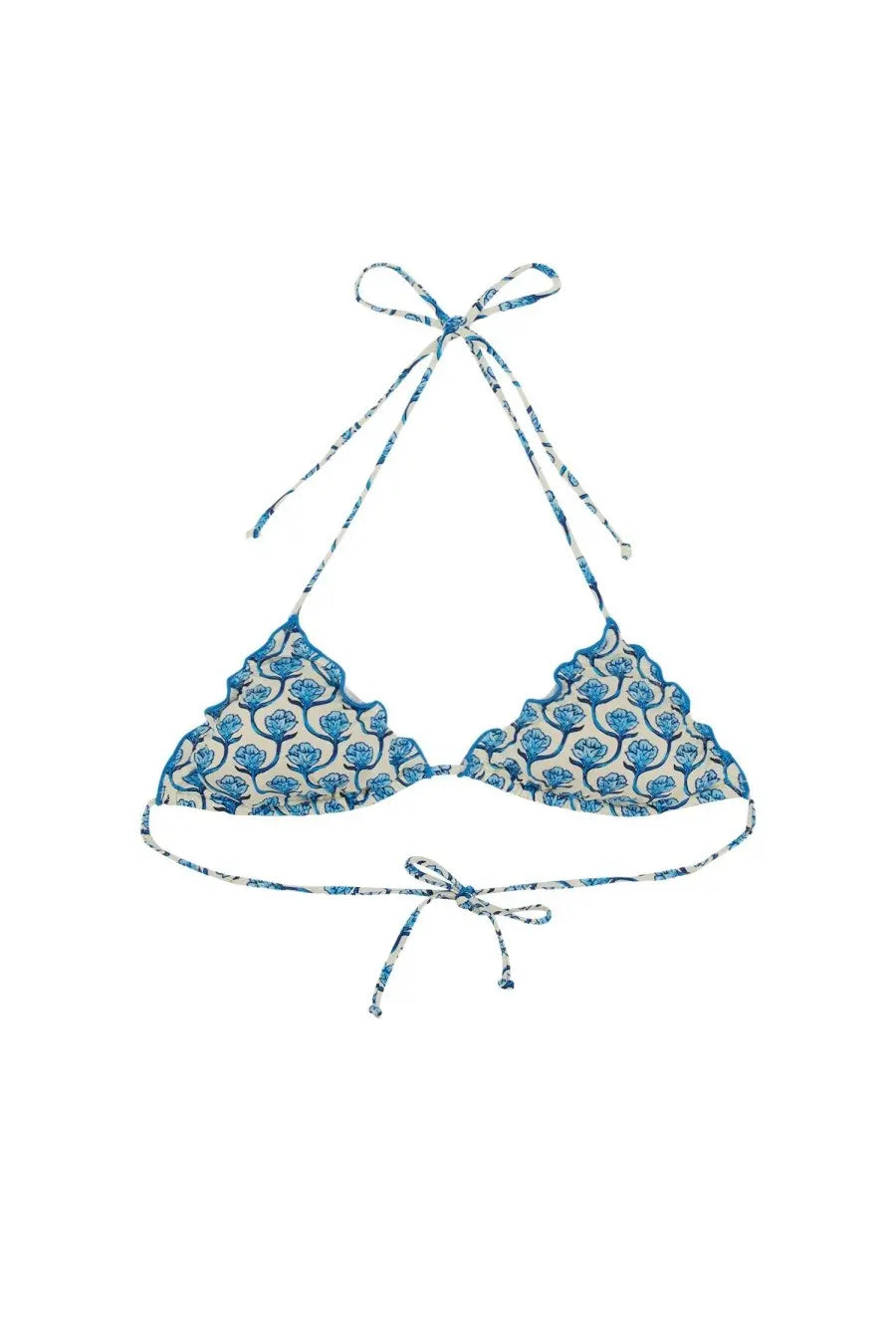 Mc2 Saint Barth women’s Sagittarius bikini top in blue with white floral pattern and scalloped edges