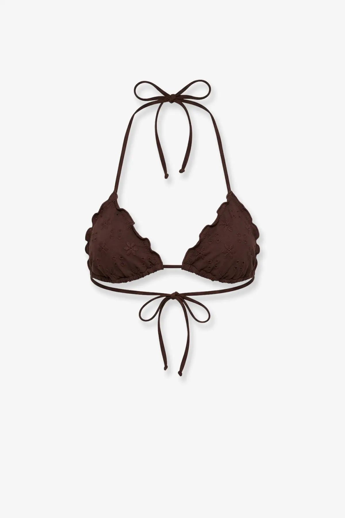 Brown embroidered halter top bikini with scalloped edges and tied straps from mc2 saint barth women’s sagittarius collection