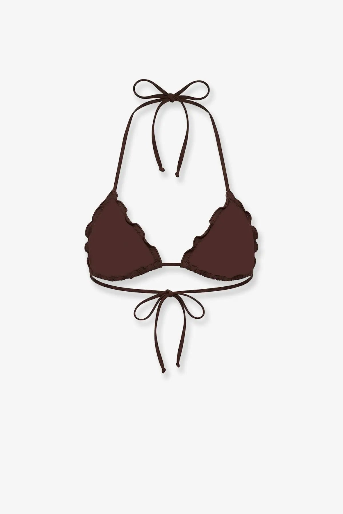 Brown scalloped halter top bikini with tied shoulder straps and front tie in cotton sangallo by mc2 saint barth