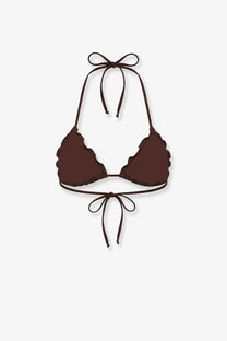 Brown scalloped halter top bikini with tied shoulder straps and front tie in cotton sangallo by mc2 saint barth