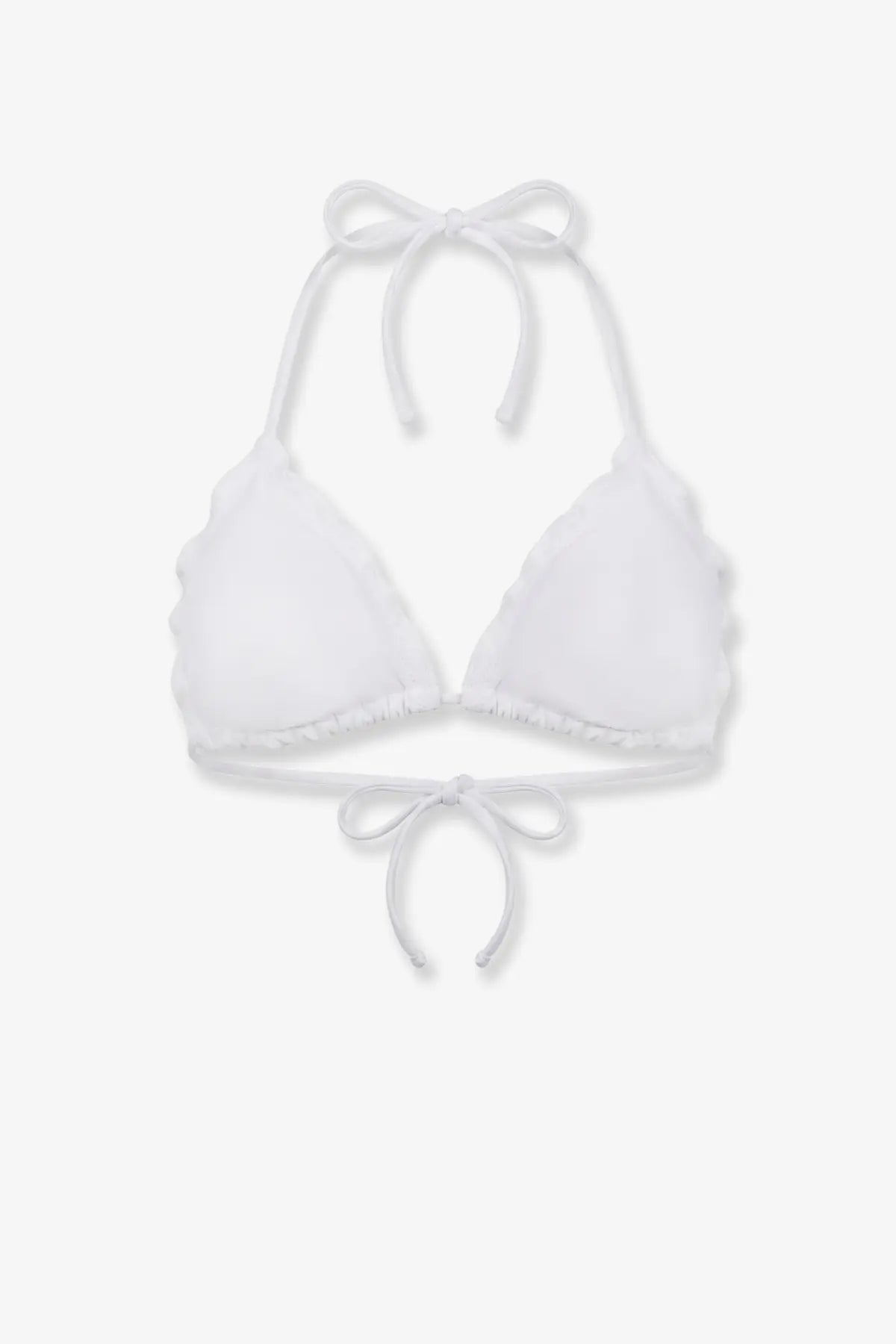 White triangle bikini top with ruffled edges and adjustable ties from Mc2 Saint Barth Sagittarius embroidered Sangallo collection