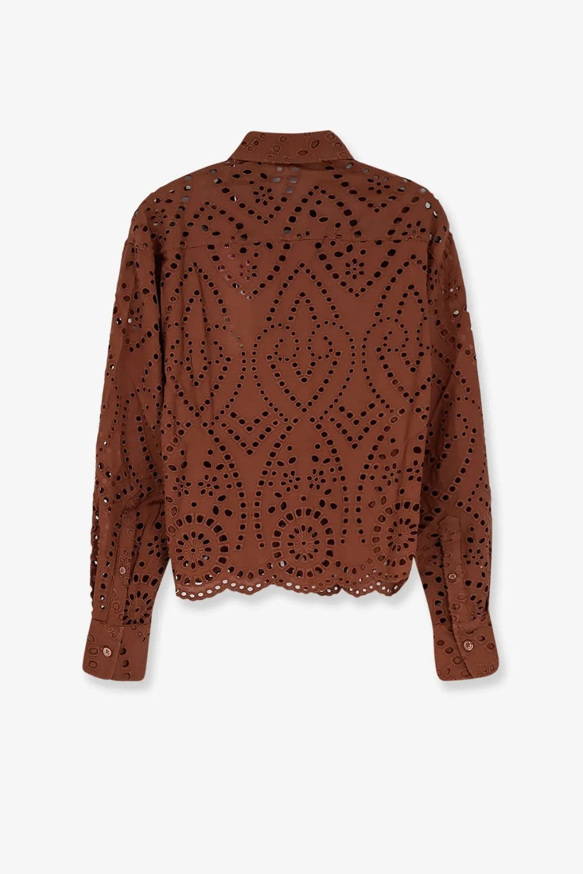 Brown eyelet blouse with intricate geometric and floral cut-out patterns from Mc2 Saint Barth women’s Sangallo lace Oriane shirt linewave
