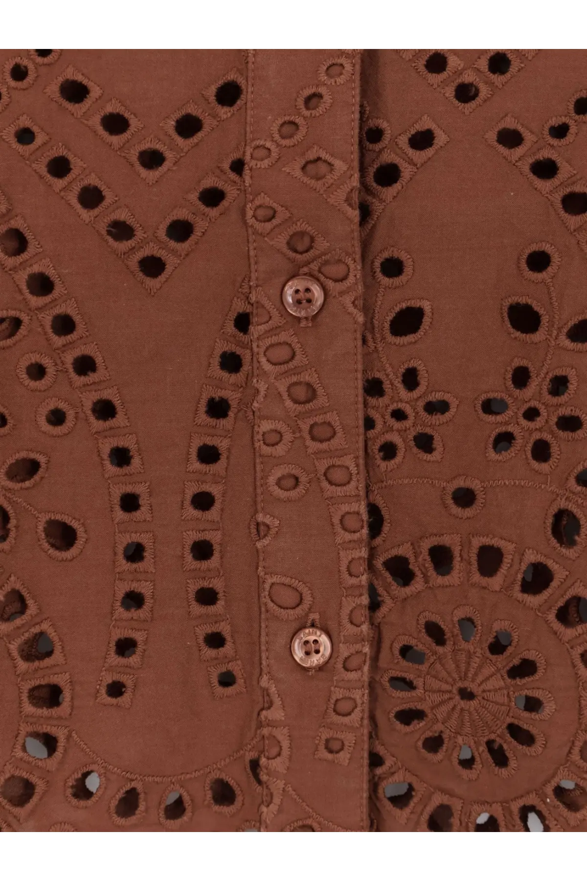 Mc2 Saint Barth women’s brown eyelet blouse with intricate cut out patterns and matching buttons lace shirt