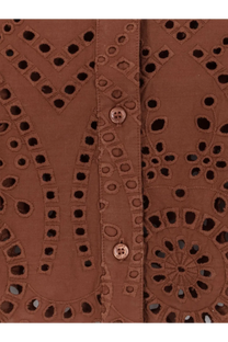 Mc2 Saint Barth women’s brown eyelet blouse with intricate cut-out lace patterns and matching buttons