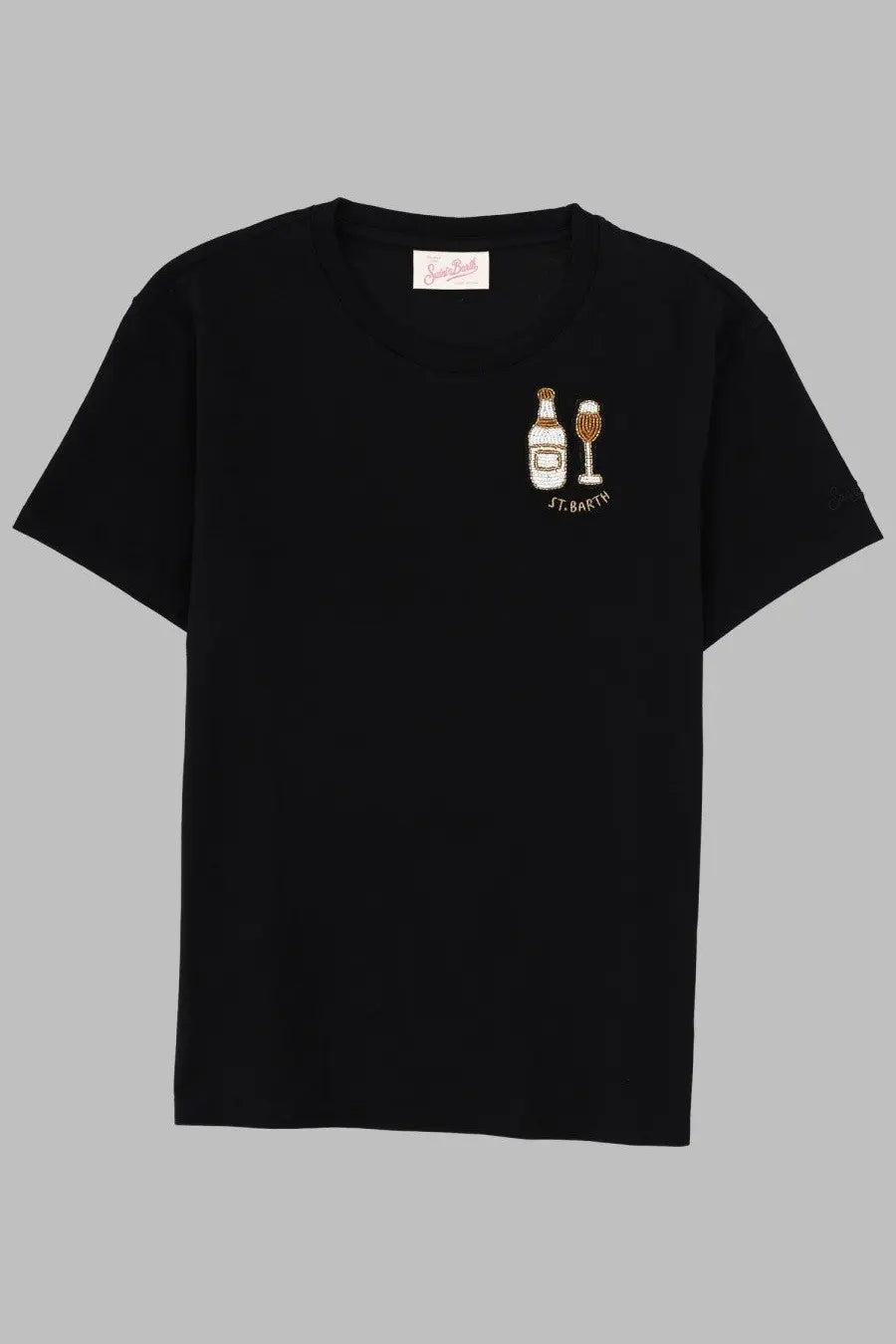 Mc2 Saint Barth women’s black short-sleeved t-shirt with embroidered champagne bottle and glass design on left chest