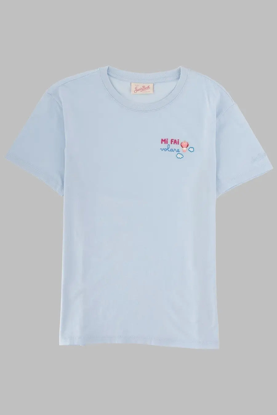 Light blue Mc2 Saint Barth women’s short-sleeved shirt with small embroidered strawberry design on the left chest