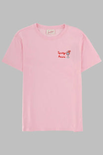 Mc2 Saint Barth women’s soft pink cotton t-shirt with small embroidered cocktail glass and spring amore text