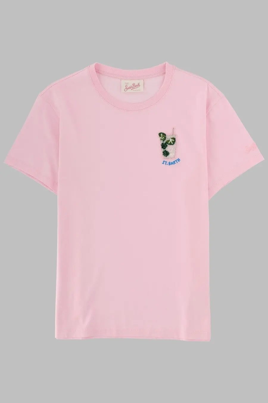 Mc2 Saint Barth women’s soft pink short-sleeved shirt with embroidered green cactus in white cup and st text