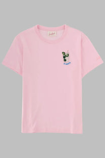 Mc2 Saint Barth women’s soft pink short-sleeved shirt with embroidered green cactus in white cup and st text