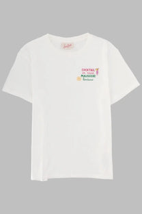 Mc2 Saint Barth women’s white cotton t-shirt with colorful embroidered graphic on left chest featuring text and illustrations