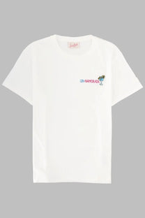 White cotton t-shirt with colorful embroidered gin namorata cocktail glass design on left chest by mc2 saint barth