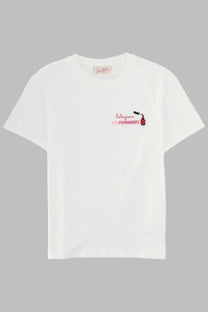 White cotton mc2 saint barth women’s shirt emilie with red nail polish bottle embroidery and relaxation permanente text