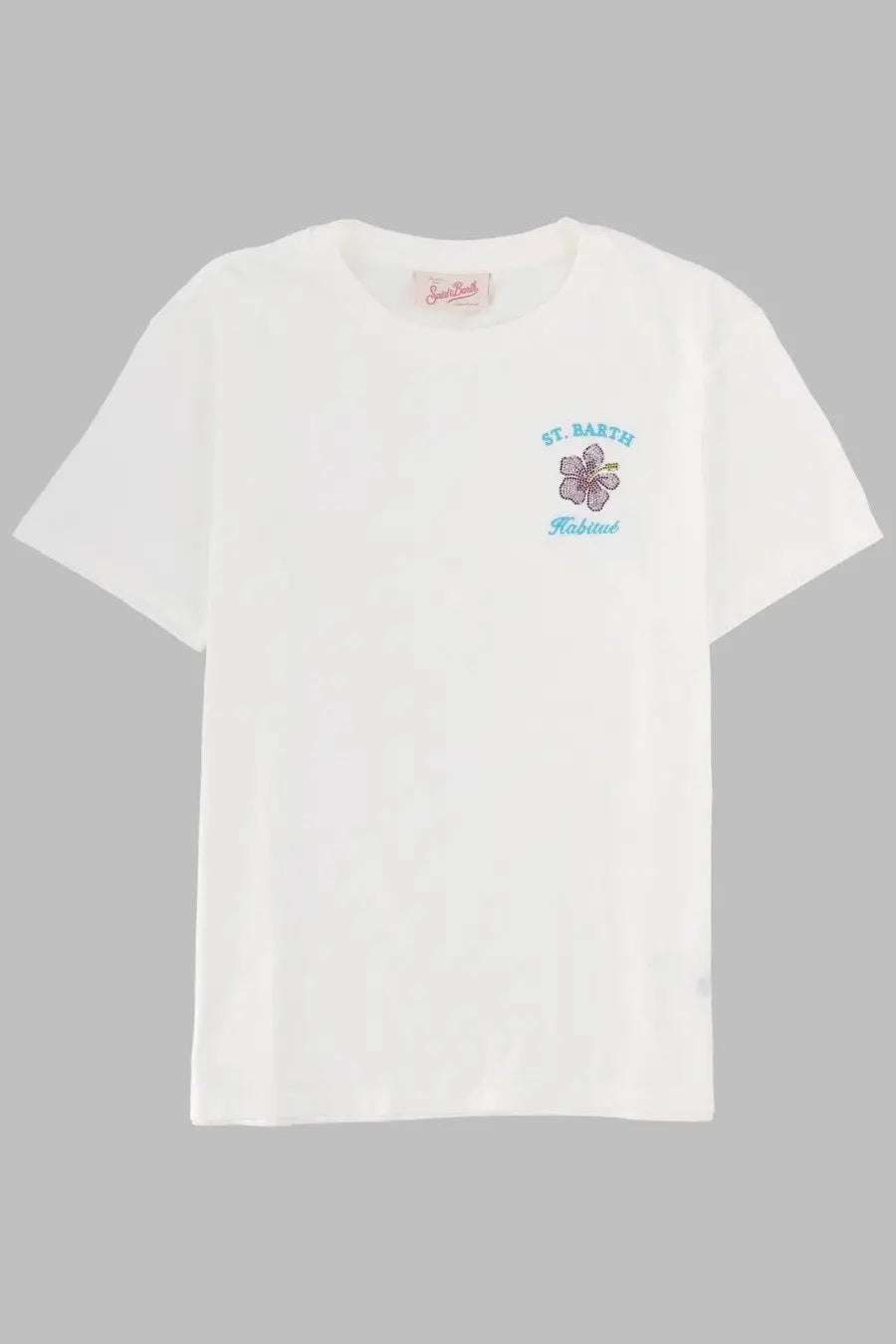 White cotton t-shirt with small embroidered floral design and st detail from Mc2 Saint Barth women’s Emilie collection