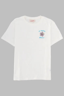 White cotton t-shirt with small embroidered floral design and st detail from Mc2 Saint Barth women’s Emilie collection