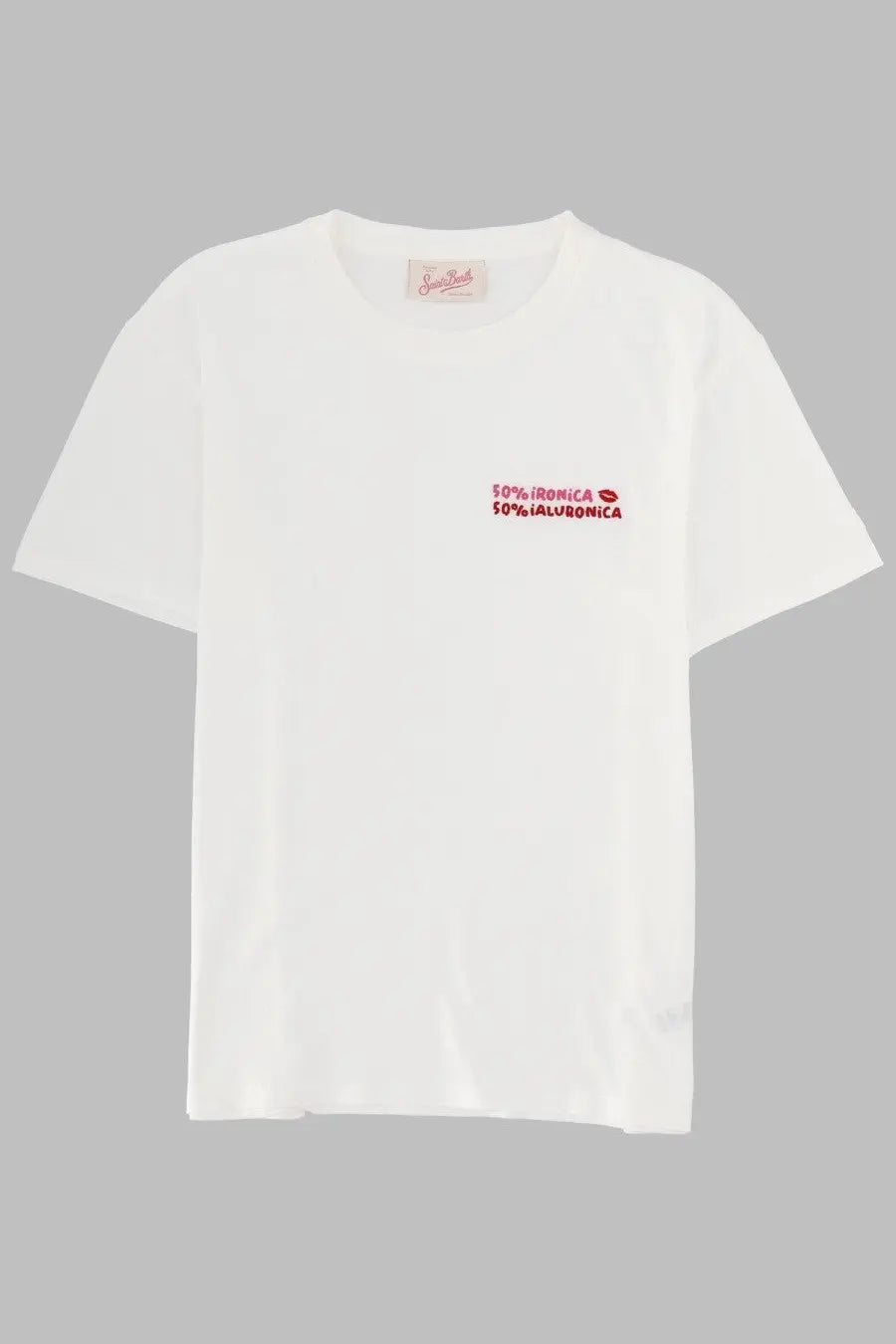 Mc2 Saint Barth women’s white cotton t-shirt with small red embroidered graphic and pink neckline tag