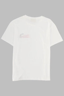 White cotton t-shirt with subtle faded pink logo on left chest from mc2 saint barth womens shirt emilie white