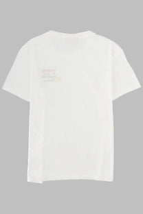 Mc2 Saint Barth women’s white cotton t-shirt with subtle faded graphic print on left chest Emilie model