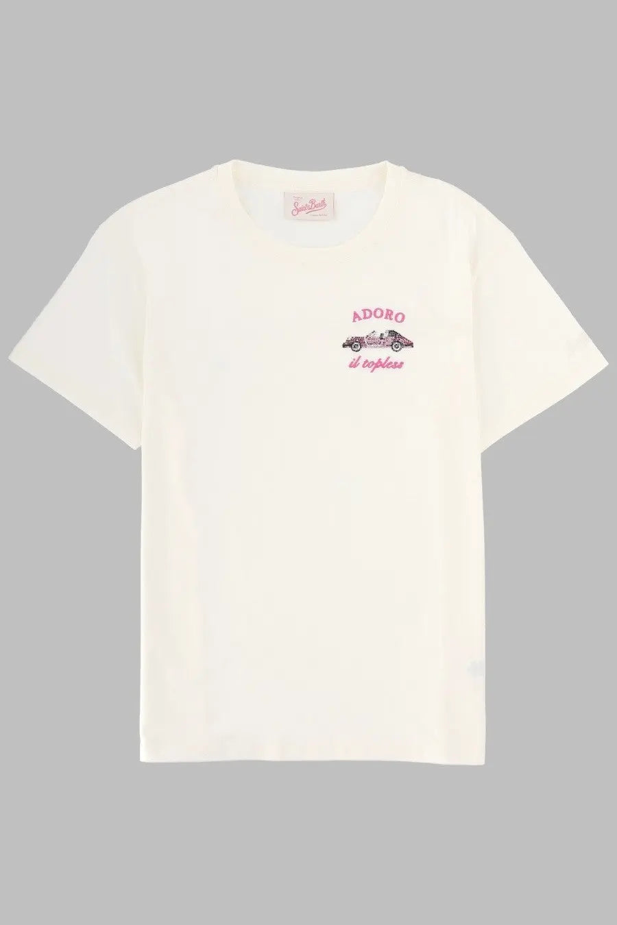 Mc2 Saint Barth women’s cream short-sleeved cotton t-shirt with pink vintage car embroidery and adoro il semplice text