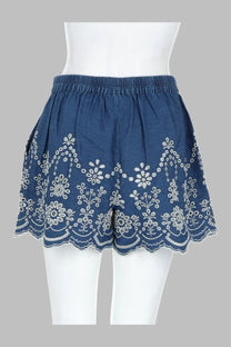 Mc2 Saint Barth women’s blue denim shorts in chambray with white floral embroidery and scalloped hem detailing