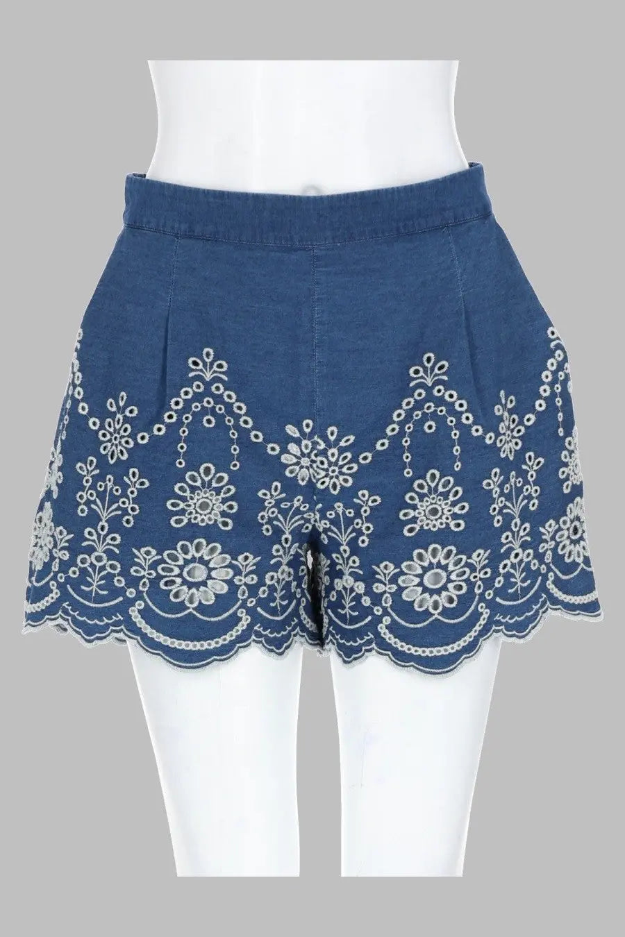 Mc2 saint barth women’s shorts amani in chambray blue with white floral embroidery along the hem
